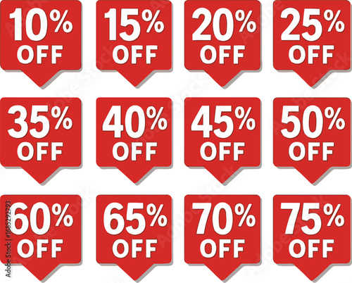 Collection of red sale discount tags showing percentage off