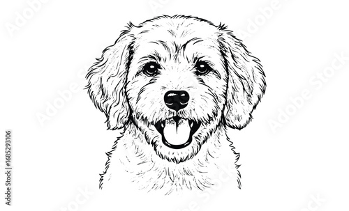 Detailed line art of a happy dog with tongue out. Vector retro hand drawn illustration