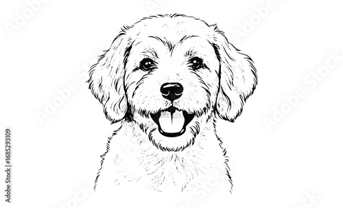 Detailed black and white sketch of a happy dog with tongue out. Vector retro hand drawn illustration
