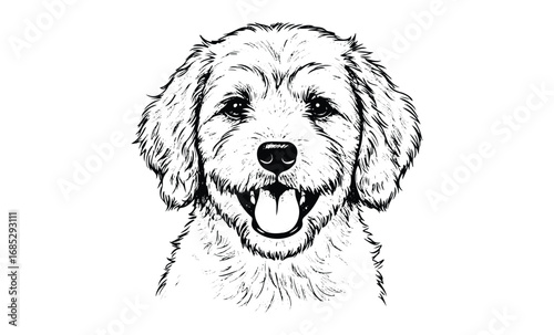 Black and white illustration of a smiling dog. Vector retro hand drawn illustration