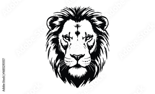 Bold black and white lion head illustration with fierce expression. Vector retro hand drawn illustration