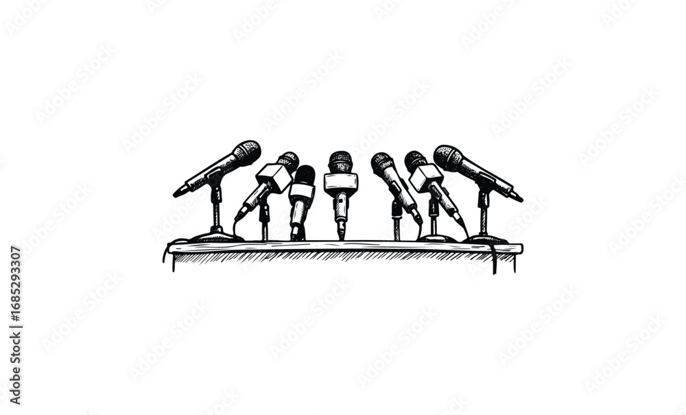 Obraz premium Conference podium with multiple microphones for public speaking. Vector retro hand drawn illustration