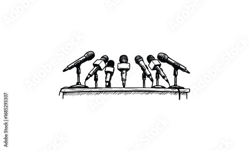 Conference podium with multiple microphones for public speaking. Vector retro hand drawn illustration