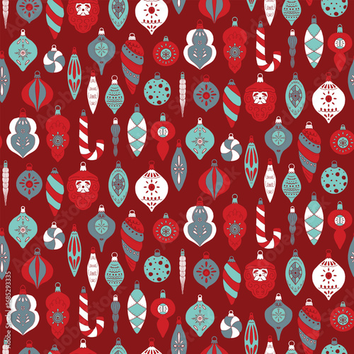 A festive seamless pattern featuring vintage-style Christmas ornaments in red, teal, and white on a deep red background. The design includes retro ornaments.