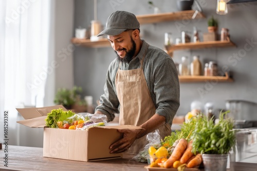 Smiling man unpacking fresh colorful organic vegetables from cardboard box for healthy home cooking.