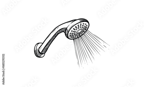 drawing of a shower head with water streams in black and white. Vector retro hand drawn illustration