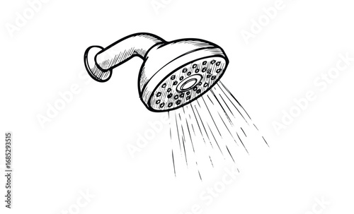 Hand-drawn showerhead illustration with flowing water lines. Vector retro hand drawn illustration