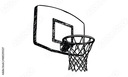 Black and white sketch of basketball hoop and backboard with net. Vector retro hand drawn illustration