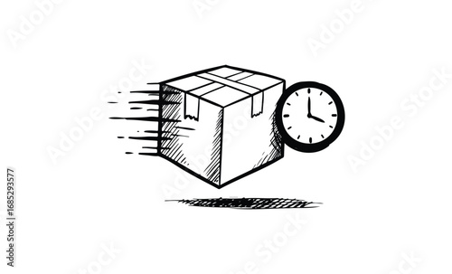 Hand-drawn sketch of fast moving package with clock for quick delivery concept. Vector retro hand drawn illustration