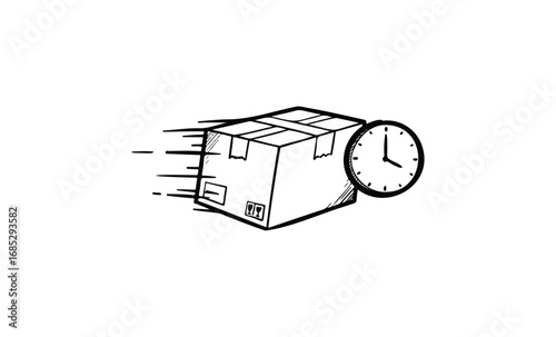 Fast shipping package with clock symbolizing rapid delivery service. Vector retro hand drawn illustration