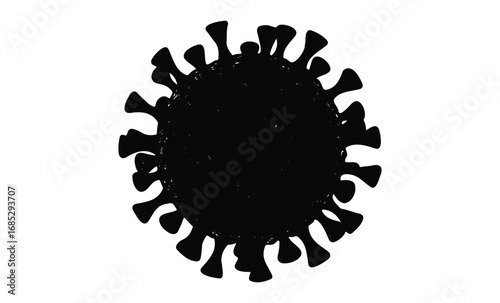 Black virus silhouette icon on white background circular design with spike detailing. Vector retro hand drawn illustration
