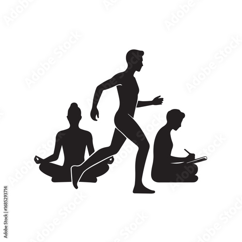 Silhouettes of People Practicing Meditation, Running, and Writing