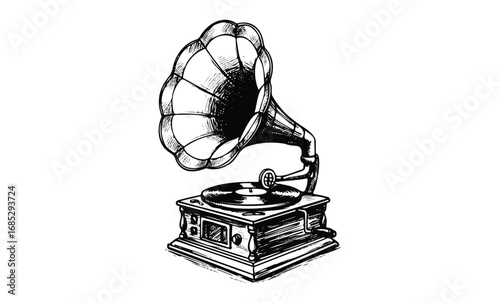 Vintage gramophone drawing with detailed retro design featuring horn speaker. Vector retro hand drawn illustration
