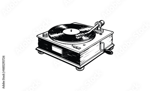 Vintage hand-cranked turntable with vinyl record illustration in black and white. Vector retro hand drawn illustration