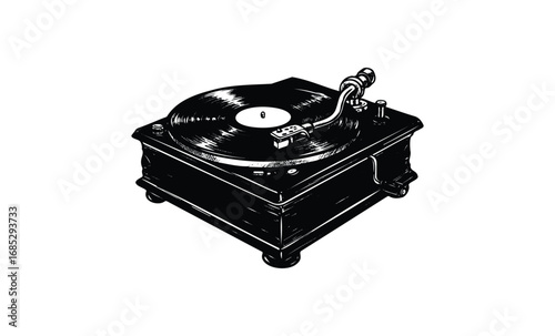 Vintage turntable illustration: black vinyl record player with stylus arm. Vector retro hand drawn illustration