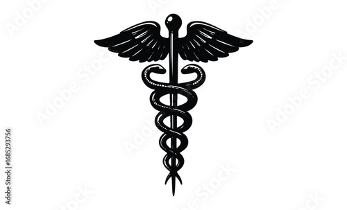 Caduceus symbol with snakes and wings. Vector retro hand drawn illustration