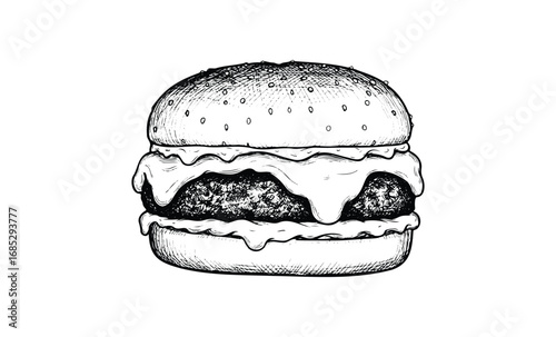 Detailed black and white sketch of a juicy cheeseburger with melting cheese. Vector retro hand drawn illustration