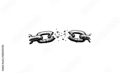 Illustration of broken chain symbolizing freedom and independence. Vector retro hand drawn illustration