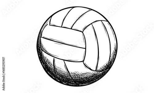 Hand-drawn volleyball sketch with shaded details in black and white. Vector retro hand drawn illustration