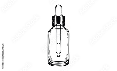 Hand-drawn illustration of a dropper bottle with pipette for cosmetics or essential oils. Vector retro hand drawn illustration