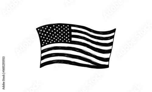 Black and white illustration of waving american flag with stars and stripes. Vector retro hand drawn illustration