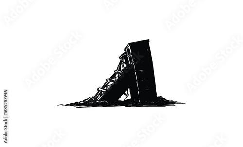 Artistic black ruins of collapsed building. Vector retro hand drawn illustration