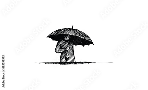 Sketch of person holding umbrella in rainy weather. Vector retro hand drawn illustration