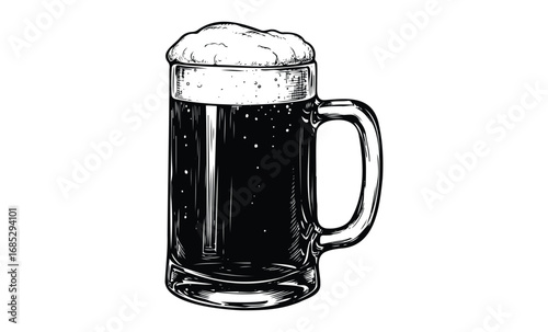Frothy beer mug sketch with foam in black and white. Vector retro hand drawn illustration