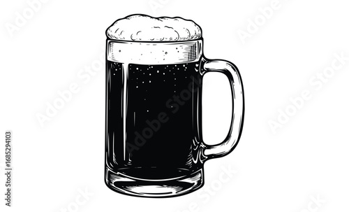 Detailed black and white illustration of a beer mug with foam and handle. Vector retro hand drawn illustration