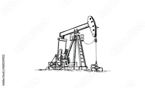 Black and white illustration of an oil pump jack in operation. Vector retro hand drawn illustration