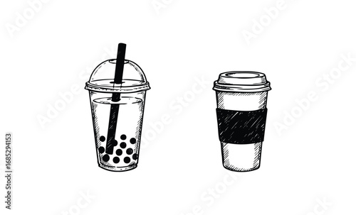 Bubble tea and coffee cups: line art illustration of popular beverages. Vector retro hand drawn illustration