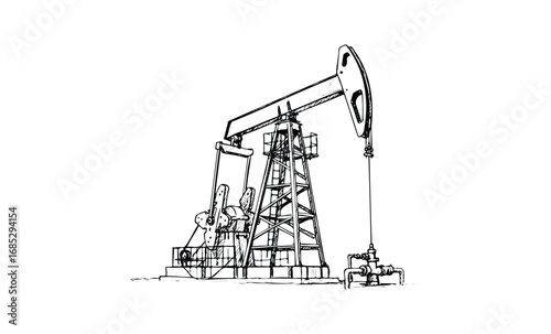 Black and white illustration of an industrial oil pumpjack for petroleum extraction. Vector retro hand drawn illustration
