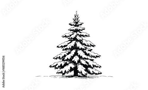 Snow-covered pine tree illustration in black and white. Vector retro hand drawn illustration
