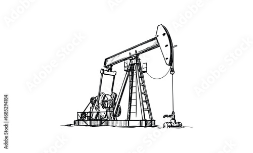 Detailed sketch of an industrial oil pumpjack operating in a remote oil field. Vector retro hand drawn illustration