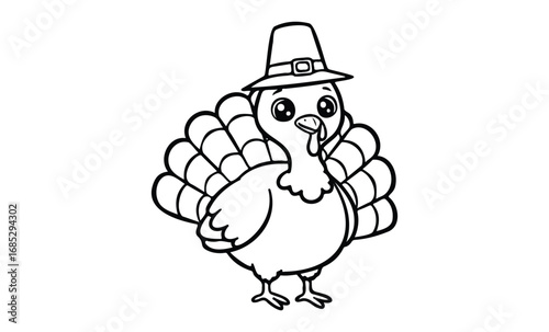 Cute cartoon turkey wearing pilgrim hat for thanksgiving coloring book page. Vector retro hand drawn illustration