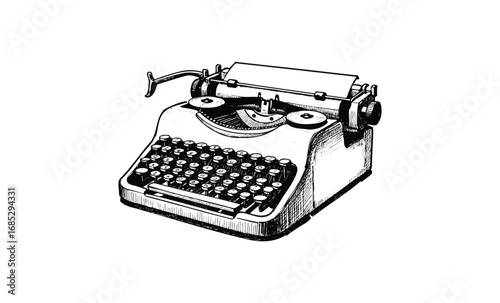 Vintage manual typewriter illustration with detailed keys and roller. Vector retro hand drawn illustration