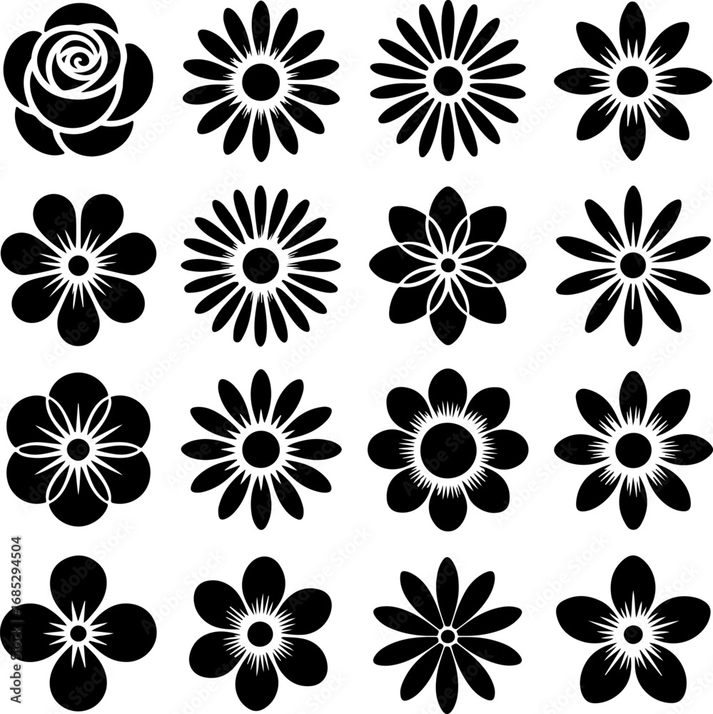 Fototapeta premium 16 Black and White Flower Silhouettes Printable Clipart for Crafts and Designs