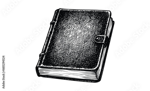 Vintage leather book cover with strap and textured detailing in black and white illustration. Vector retro hand drawn illustration