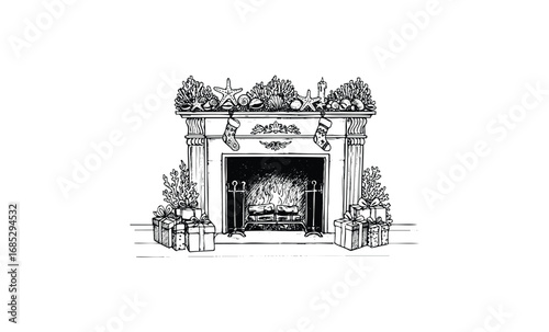 Festive fireplace with stockings and gifts for christmas celebration. Vector retro hand drawn illustration