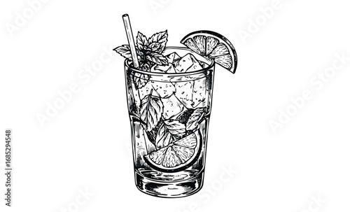 Hand-drawn mojito cocktail with lime and mint in highball glass, detailed vintage style illustration. Vector retro hand drawn illustration