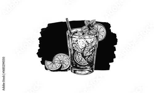 Hand-drawn cocktail glass with citrus slices and mint leaves. Vector retro hand drawn illustration