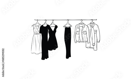 Minimalist clothing rack with dresses and shirts on hangers. Vector retro hand drawn illustration