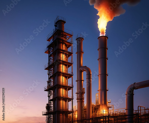 Industrial Gas Flare Stack Burning at Petrochemical Plant