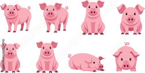 Cartoon pigs in various poses, cute pink pig character set for farm animal vector, children’s design, and animation content use.