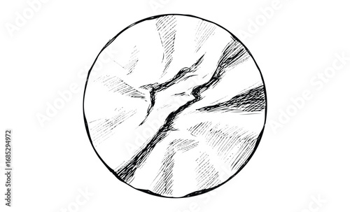 Hand-drawn sketch of cracked round surface with textured lines and shading. Vector retro hand drawn illustration