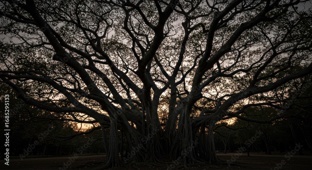 Fototapeta premium Silhouette of a massive fig tree at sunset, intricate branches reaching towards the sky.