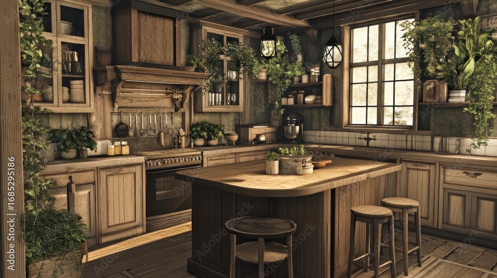 Fototapeta premium Wooden kitchen with island, stools, and indoor plants