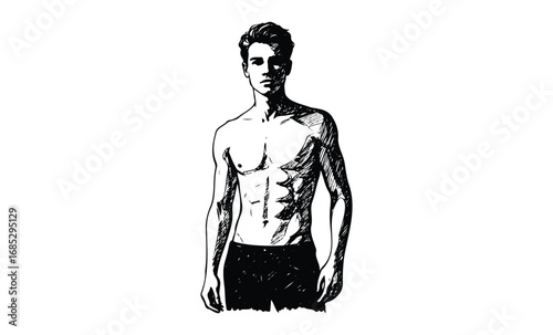Black and white illustration of young caucasian male with athletic build. Vector retro hand drawn illustration