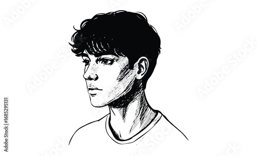 Black and white sketch of young male with curly hair in profile. Vector retro hand drawn illustration