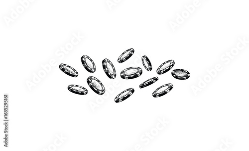 Floating black poker chips. Vector retro hand drawn illustration